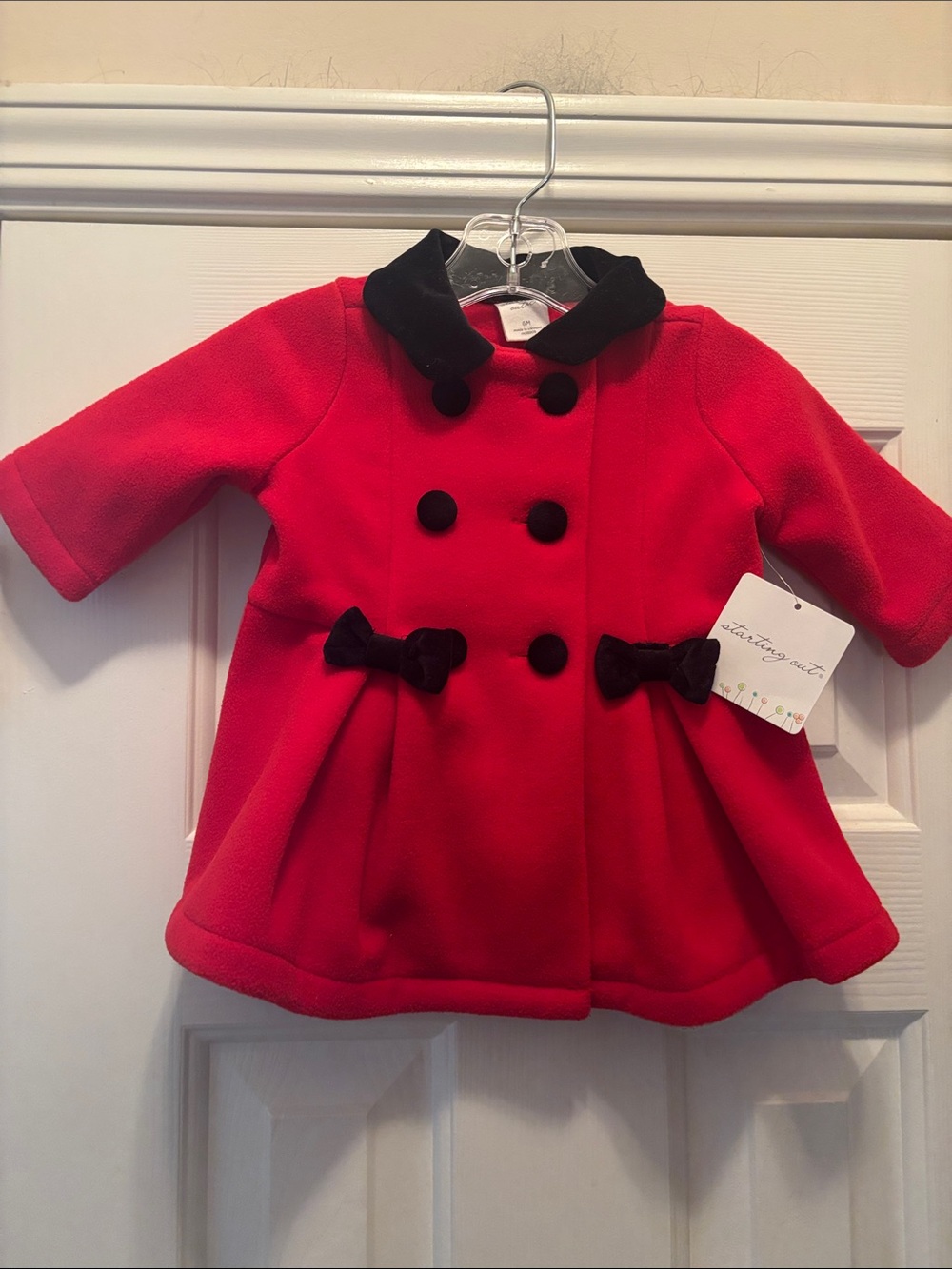 NWT Starting Out Red Pea Coat with Black Trim and Bows